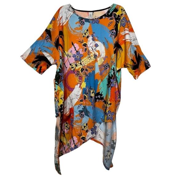 158C Asymmetrical Hem 3/4 Sleeve Abstract and Floral Print Tunic XL - Picture 2 of 14